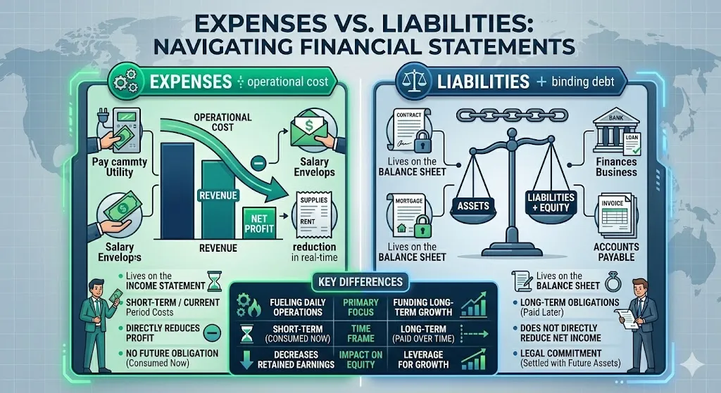 difference between expenses and liabilities