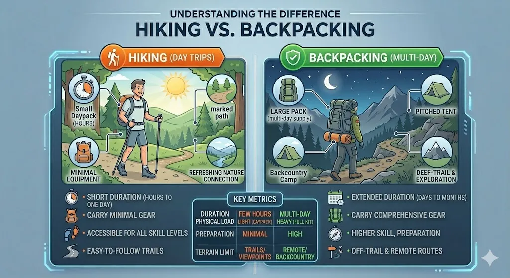 difference between hiking and backpacking