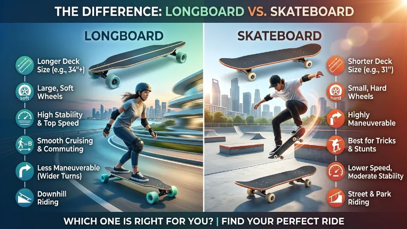 difference between longboard and skateboard