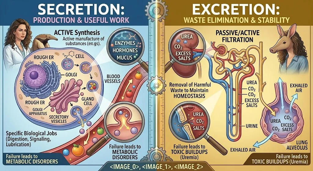 difference between secretion and excretion
